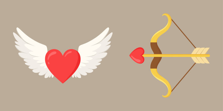 Vector illustration set featuring a red heart with white angelic wings and a golden Cupid's bow and arrow. Ideal romantic elements for Valentine's Day, wedding cards, posters, and love celebrations.
