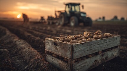 Crate of potatoes in a field with tractor at dusk harvest