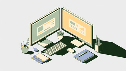 Isometric freelancer workplace illustration with two monitors showing website interface design layout