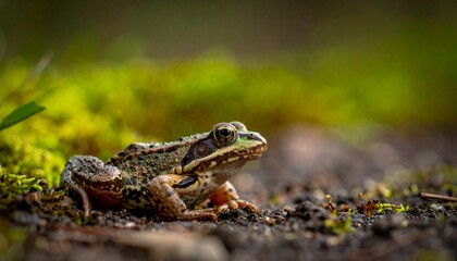 Obraz premium Close-up of a frog sitting on the ground with a blurred background of green moss and foliage.