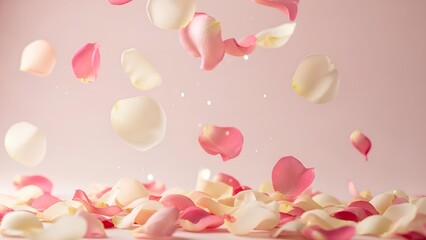 Soft pink and white rose petals gently falling onto a delicate surface, creating a romantic and serene atmosphere with a pastel background.