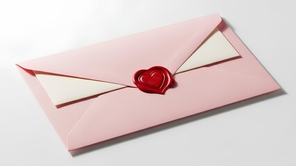A delicate pink envelope sealed with a vibrant red heart-shaped wax seal.