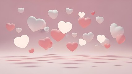 Numerous pink and white 3D rendered hearts floating in a soft pink studio background with subtle shadows.