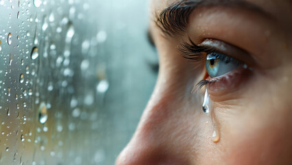 Closeup expressive eye looking at the wet window, with a clear tear tracing a path down the cheek. Rainy glass with waterdrops mirroring the female sadness emotion.