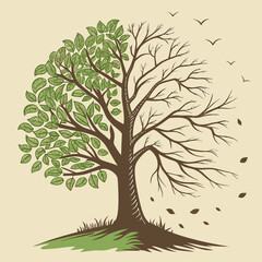 Fototapeta premium Tree with green and bare branches and leaves falling