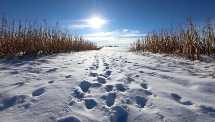 Footprints in snow leading through a cornfield under the sun