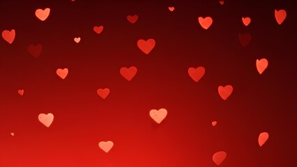 Numerous red heart shapes with a bokeh effect floating against a gradient red background, symbolizing love and romance.