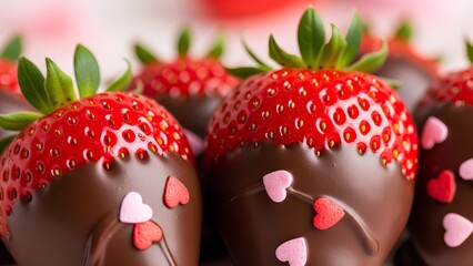 Close-up of fresh red strawberries dipped in rich dark chocolate and decorated with small pink and red heart sprinkles, perfect for Valentine's Day.