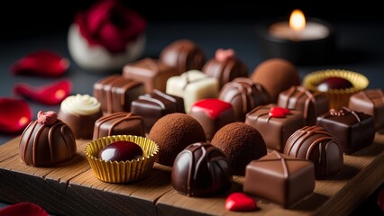 An assortment of gourmet chocolates and truffles on a wooden board, surrounded by red rose petals and a flickering candle, perfect for a romantic occasion.
