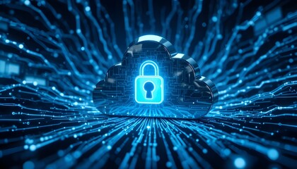 Secure cloud computing with locked padlock icon and glowing blue circuits