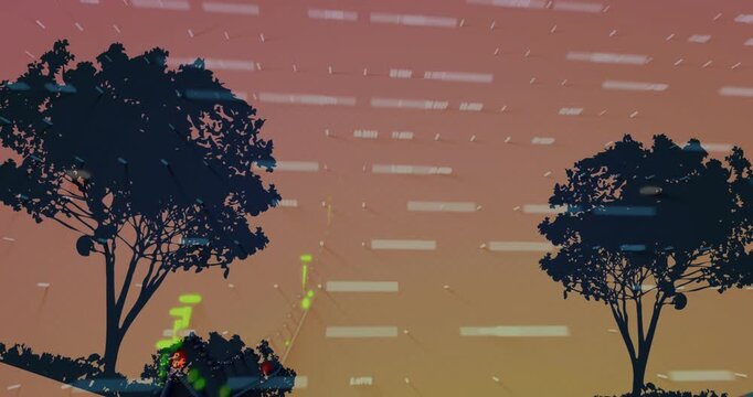 Animation of graph and processing data over trees at sunset