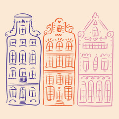 Obraz premium Cute Hand Drawn Minimalistic Set Of Whimsical Line Art European City Houses Traditional Dutch Canal Houses Adorable Architecture Of Amsterdam. Good For Posters Educational Graphics Line EPS Clipart