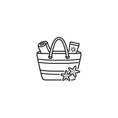 Line art of a beach bag with towel, sunscreen, and starfish design. Perfect for summerthemed graphic designs and vacationrelated projects.