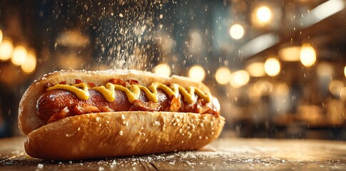 Gourmet Hot Dog with Mustard and Toppings Sprinkled