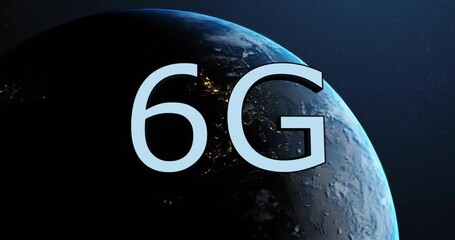 Animation of 6g text, connections and data processing over globe on dark background - Powered by Adobe
