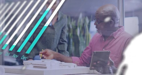 Animation of data processing and diagrams over diverse colleagues discussing work - Powered by Adobe