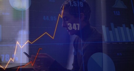 Animation of financial data processing over caucasian woman using smartphone - Powered by Adobe