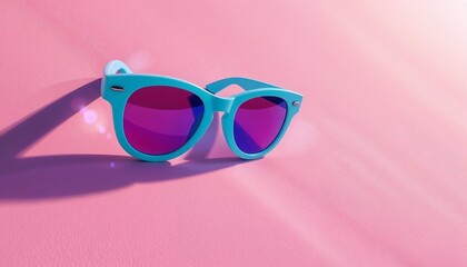 Stylish blue sunglasses on pink background with bright reflections and summer vibe
