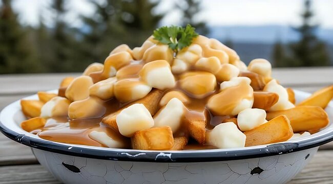 Poutine dish with cheese and gravy.