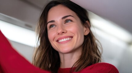 Cheerful woman in red sweater smiles brightly inside modern airp