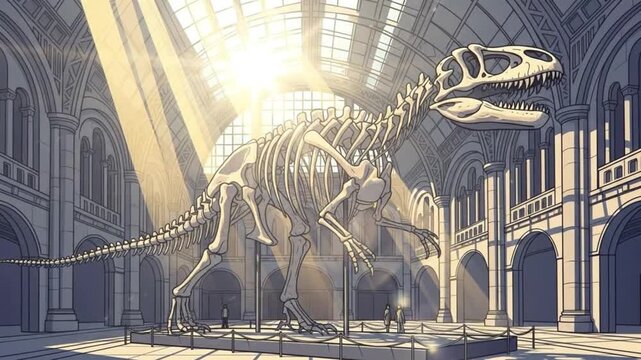 Dinosaur Skeleton in Museum Hall Illustration