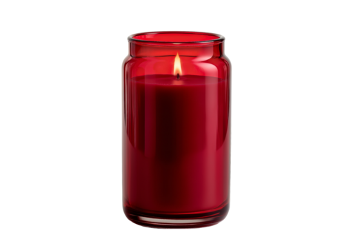 A lit red candle in a tall clear glass jar with a red tint isolated on a transparent background lit candle - Powered by Adobe