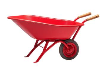 A bright red metal wheelbarrow with wooden handles and a single black wheel isolated on a transparent background