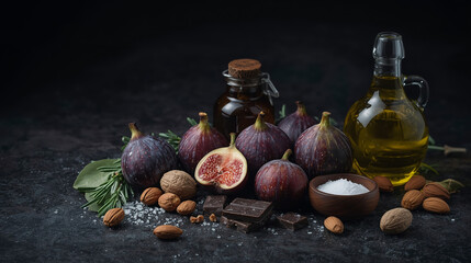 Moody still life food photography showcases fresh purple figs, walnuts, almonds, dark chocolate cubes, rosemary, bay leaves, coarse sea salt, and olive oil against a dark background.