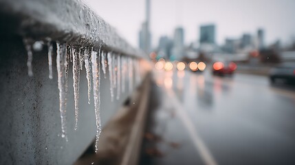 Icicles hang from a bridge railing with blurred city traffic in the background