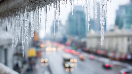 Icicles hanging in front of a blurred city street with traffic lights