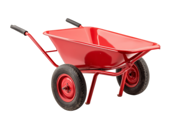 A bright red two-wheeled wheelbarrow with black rubber grips and black tires isolated on a transparent background