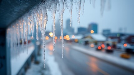 Icicles hanging over a blurred city street at dusk