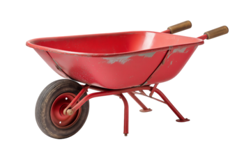 A weathered red metal wheelbarrow with a single wheel and wooden handles isolated on a transparent background