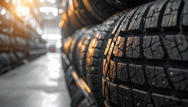 Close-up view of a stack of tires in a warehouse, ready for sale and distribution.