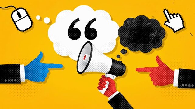 Pop art concept of freedom of speech with megaphone and speech bubbles