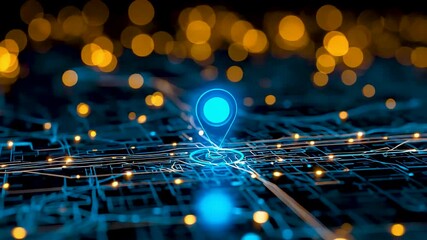 Glowing blue location pin marker on digital world map network grid connections bokeh lights global navigation background - Powered by Adobe