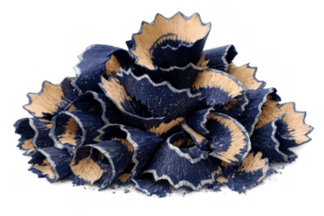 Blue pencil shavings creating abstract curly shapes from a sharpened art tool, artistic waste with transparent background