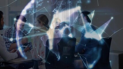 IT pro tapping tablet causing network lines linking team viewing rotating hologram in tech meeting - Powered by Adobe