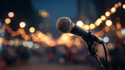 Microphone on Stand with Bokeh Lights Background music