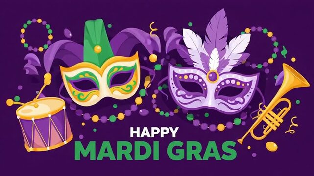 Happy Mardi Gras festive background with carnival masks musical instruments and beads