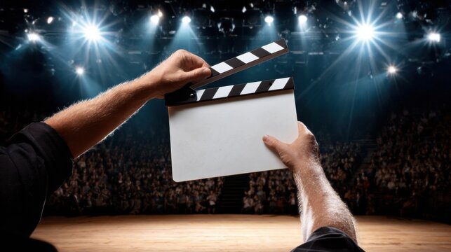 Hands hold movie clapper ready to start filming on stage in a theater with audience in the background