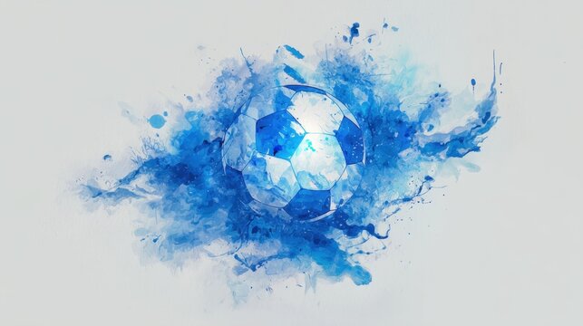 Abstract blue watercolor soccer ball with artistic splashes on white background.
