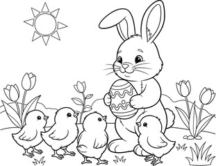 Rabbit Bunny with Chicks and Egg Coloring Page