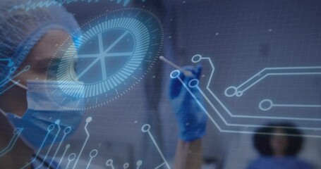 Medical professional bringing swab into view and rotating across hologram interface to scan sample - Powered by Adobe