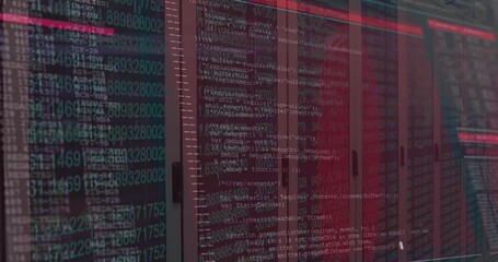 Red scanning line moving across server cabinets initiating code overlay visualizing data processing - Powered by Adobe