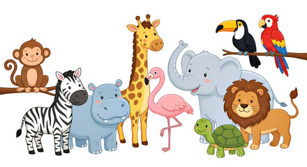 Obraz premium Vibrant Cartoon Safari and Jungle Animals Group Illustration: Adorable Elephant, Lion, Giraffe, Zebra, and Monkey characters, perfect for kids, isolated on transparent background.