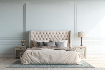 Fototapeta premium Elegant bedroom with tufted headboard and soft lighting.