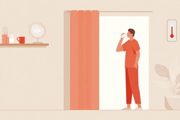 Bright interior scene featuring person in red outfit drinking fr