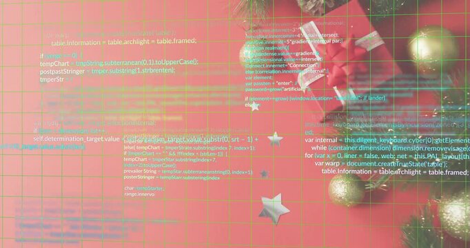 Grid appearing triggers code scrolling over gift and decorations to visualize digital holiday