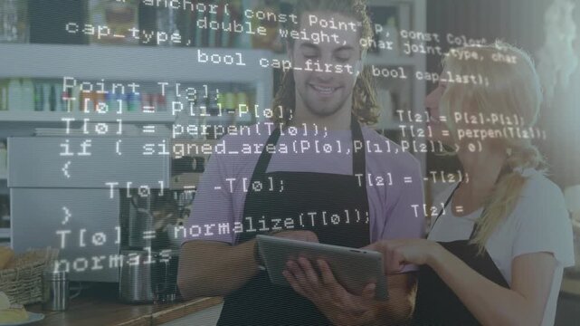 Baristas tapping tablet updating overlay and showing HTTP request or geometry routines for verifying